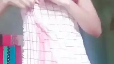 Cute girl stripping towel and showing hairy pussy
